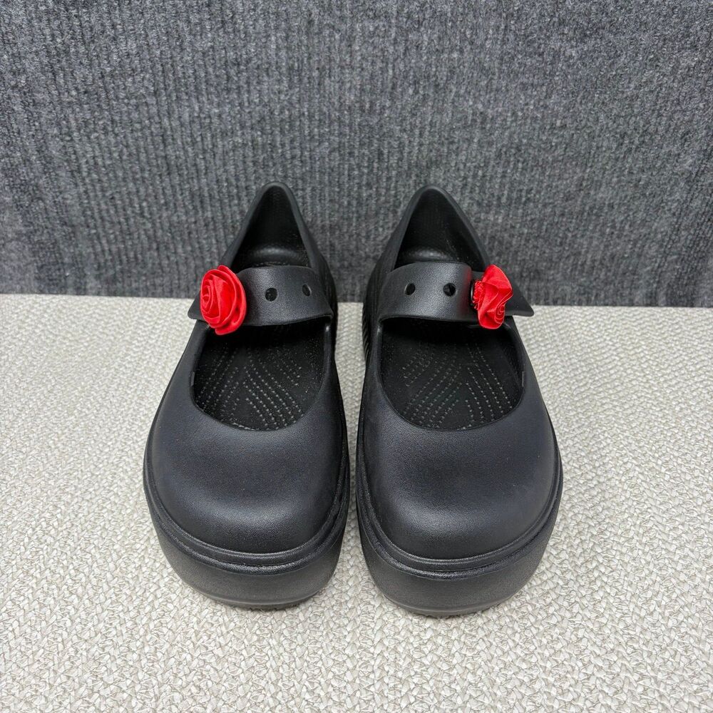 NEW Crocs Stomp Rosette Mary Jane Platform Clogs Black Rose Red Chunky Womens 10 - Picture 2 of 7